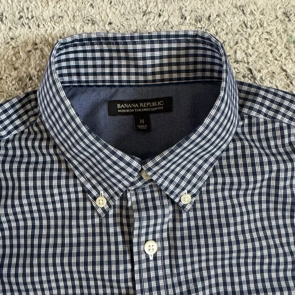 Banana Republic Non-Iron Tailored Slim Fit Shirt Men’s M Blue Check Button Down